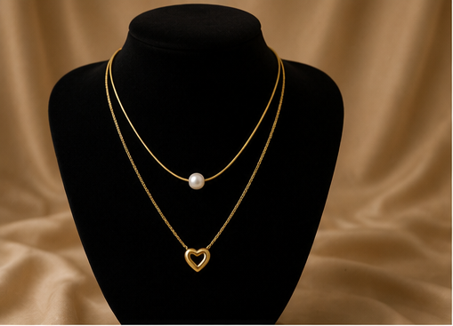 Gold Layered Pearl and Heart Necklace