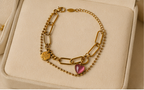 Pink Heart & Coin Double-Layer Gold-Plated Bracelet