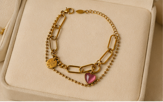 Pink Heart & Coin Double-Layer Gold-Plated Bracelet