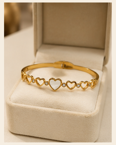 White Heart & Crystal Link Gold-Plated Kada