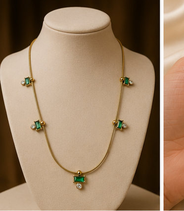 Gold Green Crystal and Pearl Drop Necklace