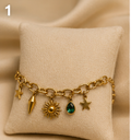 Sun, Star & Green Crystal Charm Gold-Plated Bracelet