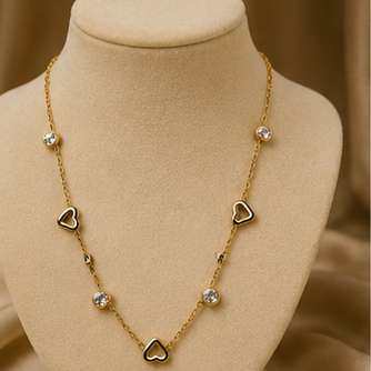 Gold Heart and Crystal Station Necklace