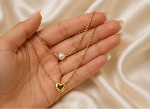 Gold Layered Pearl and Heart Necklace