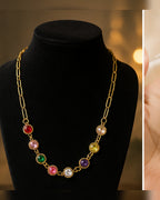Gold Multicolor Crystal Chain Necklace