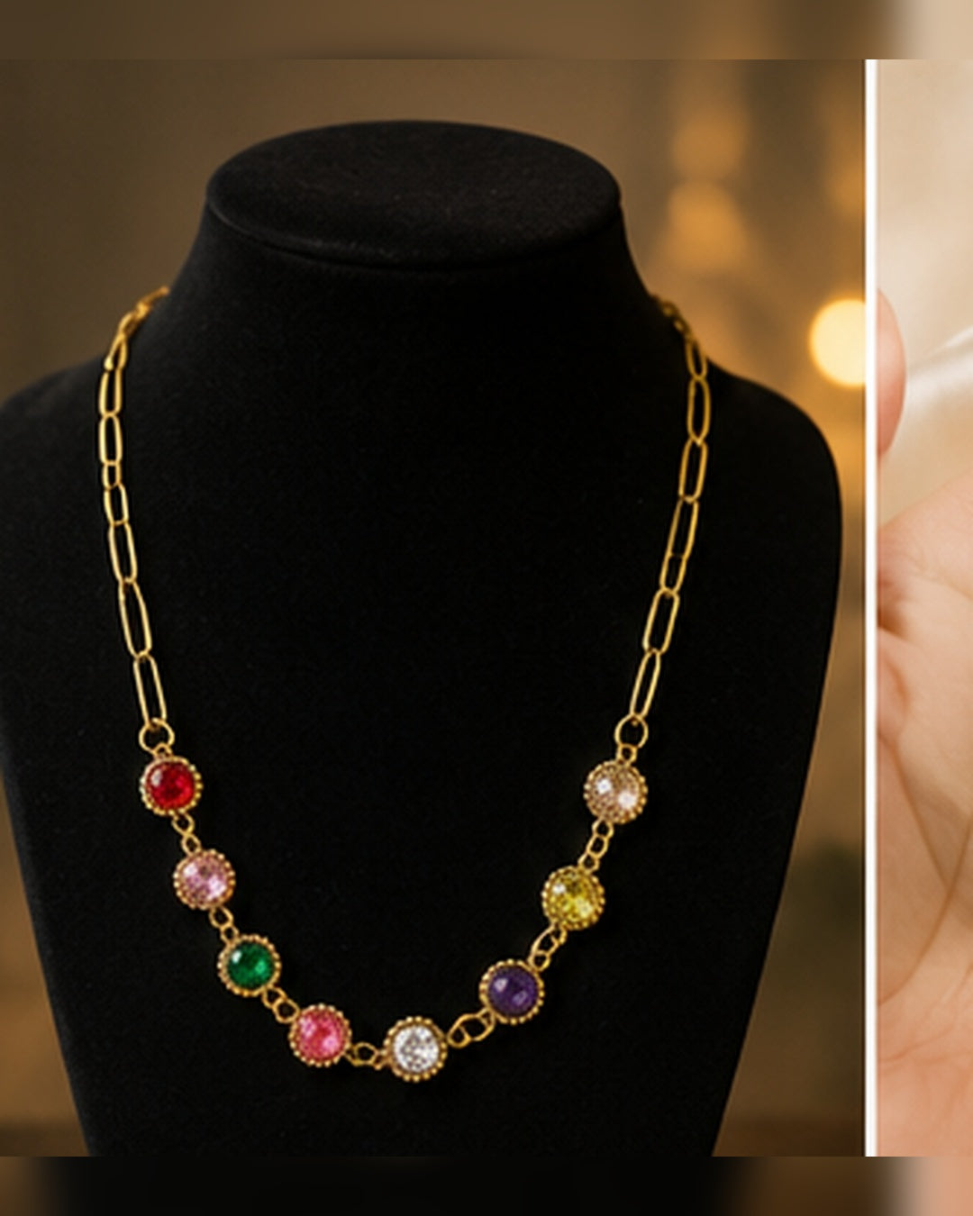 Gold Multicolor Crystal Chain Necklace