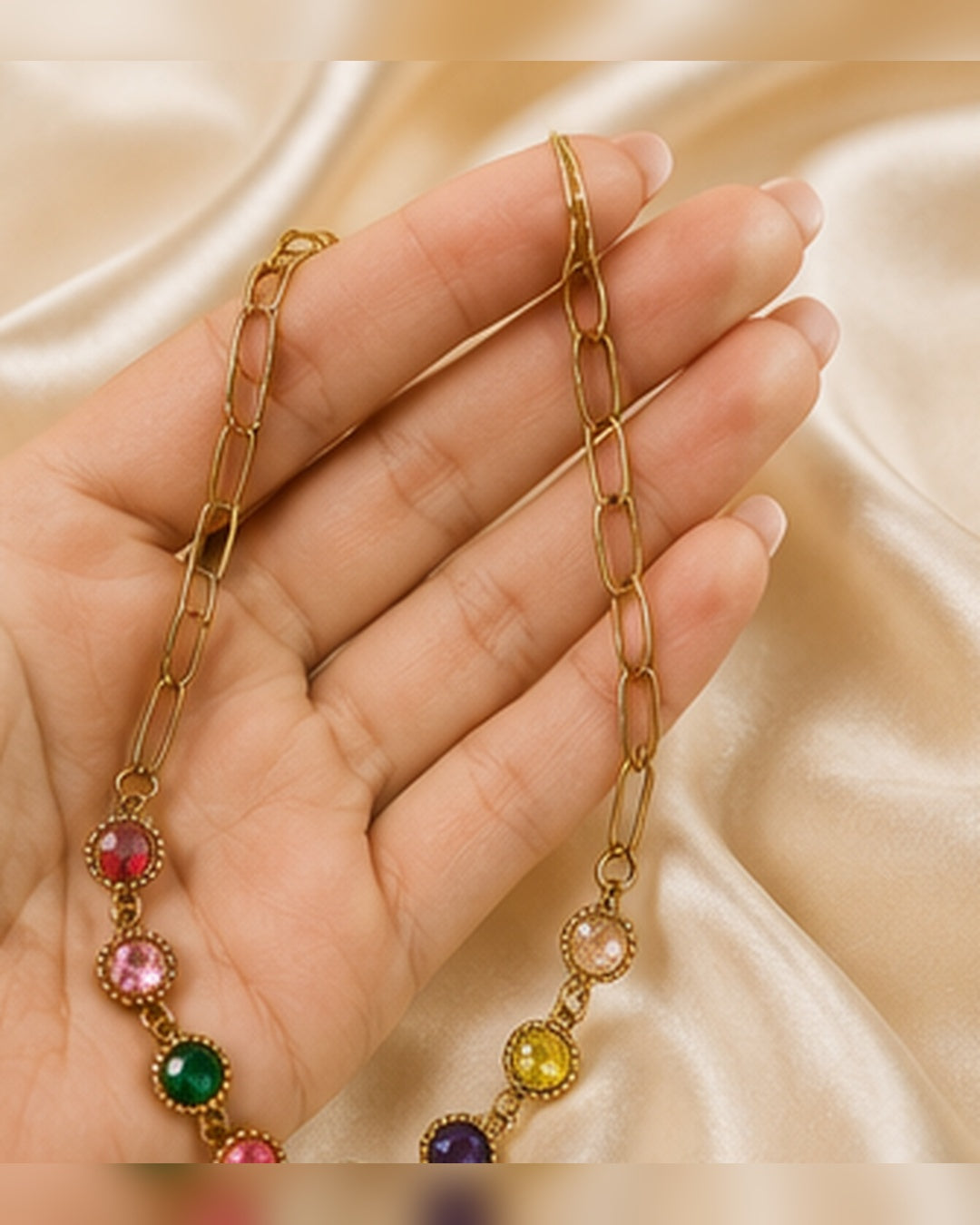 Gold Multicolor Crystal Chain Necklace