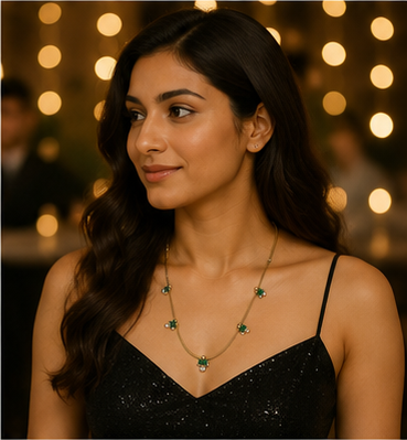 Gold Green Crystal and Pearl Drop Necklace