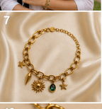 Sun, Star & Green Crystal Charm Gold-Plated Bracelet