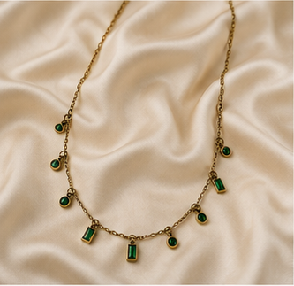 Gold Green Crystal Charm Necklace