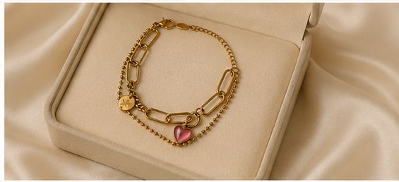 Pink Heart & Coin Double-Layer Gold-Plated Bracelet