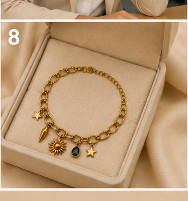 Sun, Star & Green Crystal Charm Gold-Plated Bracelet