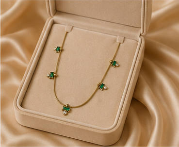 Gold Green Crystal and Pearl Drop Necklace