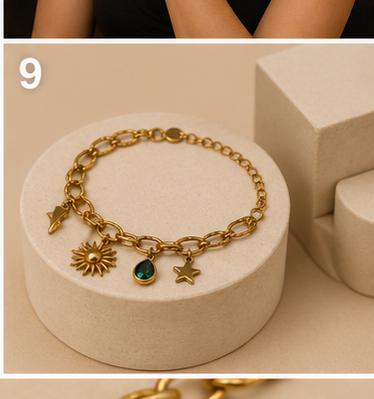 Sun, Star & Green Crystal Charm Gold-Plated Bracelet