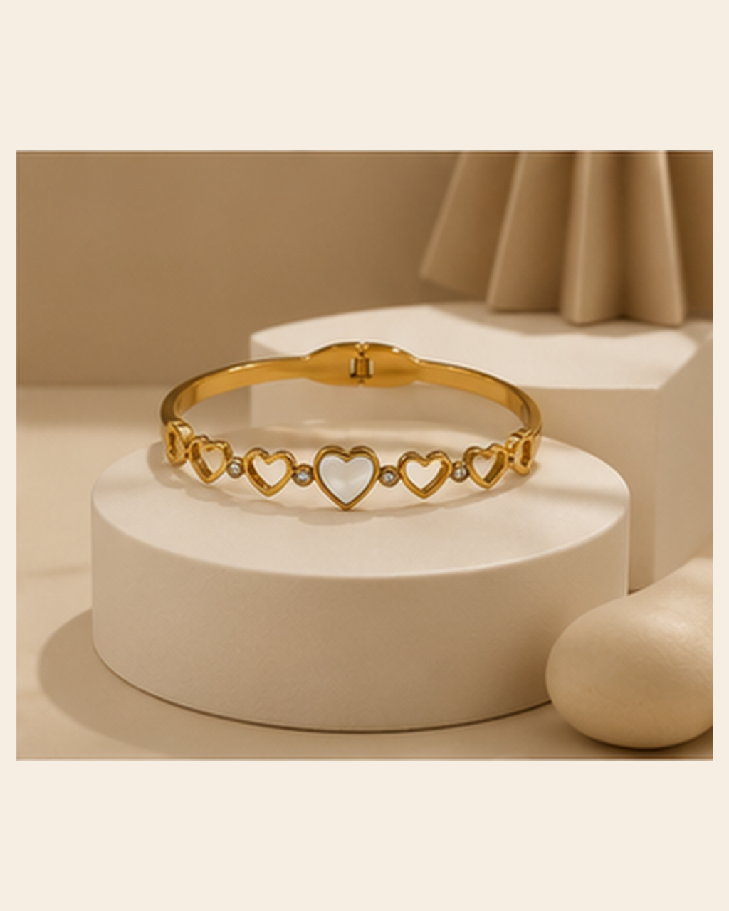 White Heart & Crystal Link Gold-Plated Kada