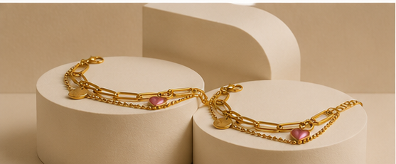Pink Heart & Coin Double-Layer Gold-Plated Bracelet