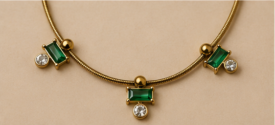 Gold Green Crystal and Pearl Drop Necklace