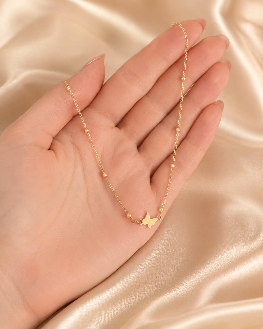 Delicate Gold-Tone Butterfly Charm Beaded Chain Necklace for Women