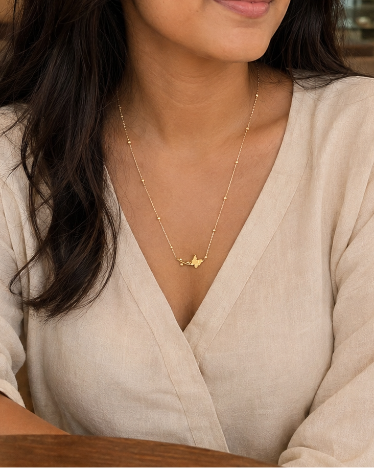 Delicate Gold-Tone Butterfly Charm Beaded Chain Necklace for Women