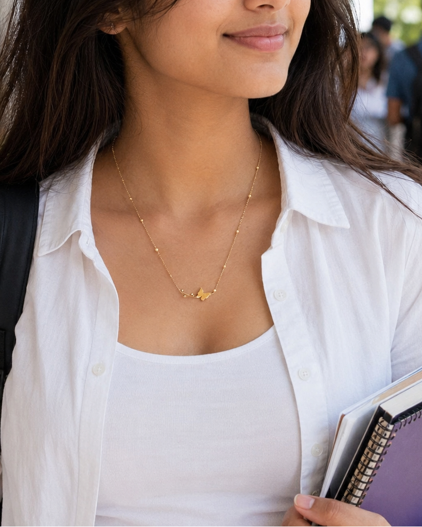 Delicate Gold-Tone Butterfly Charm Beaded Chain Necklace for Women