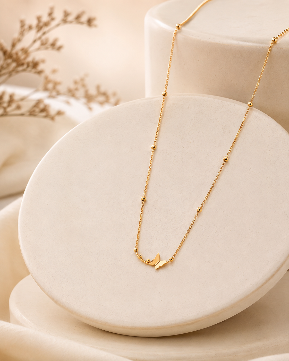 Delicate Gold-Tone Butterfly Charm Beaded Chain Necklace for Women