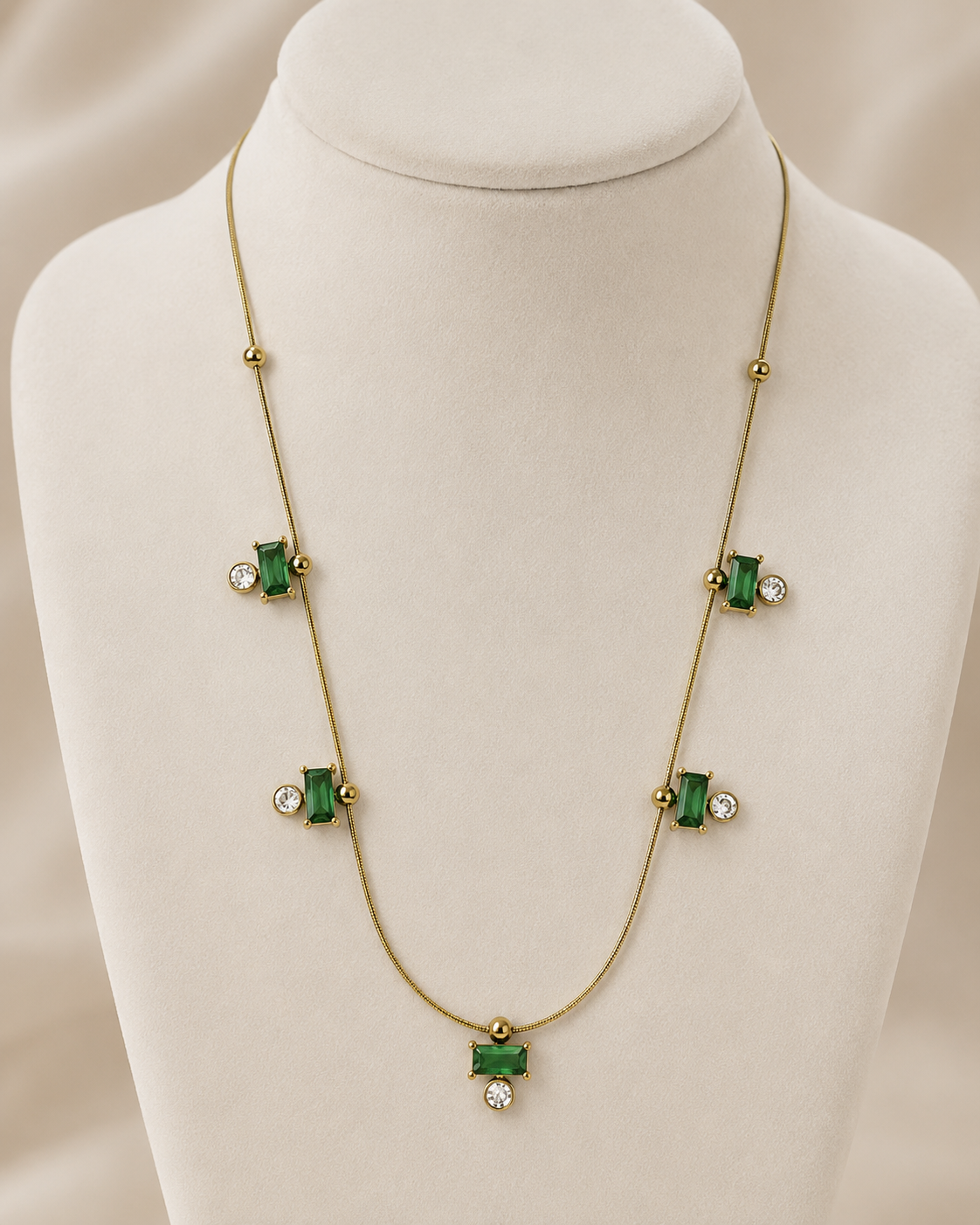 Gold Green Crystal and Pearl Drop Necklace