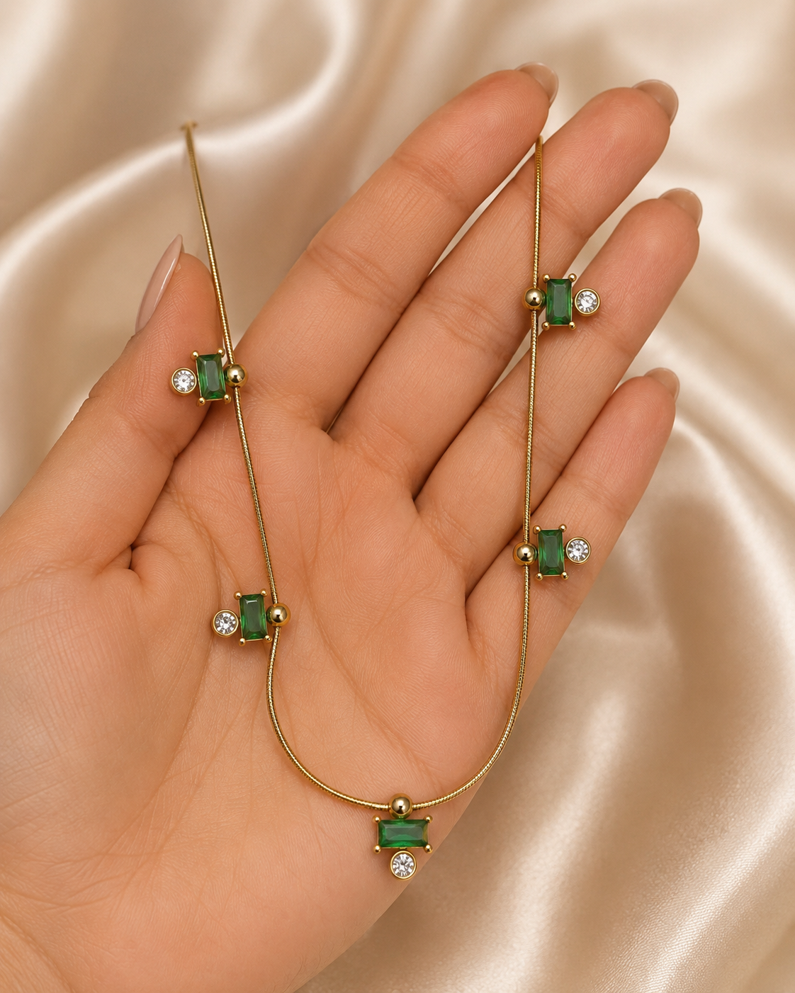 Gold Green Crystal and Pearl Drop Necklace