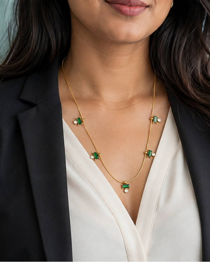 Gold Green Crystal and Pearl Drop Necklace