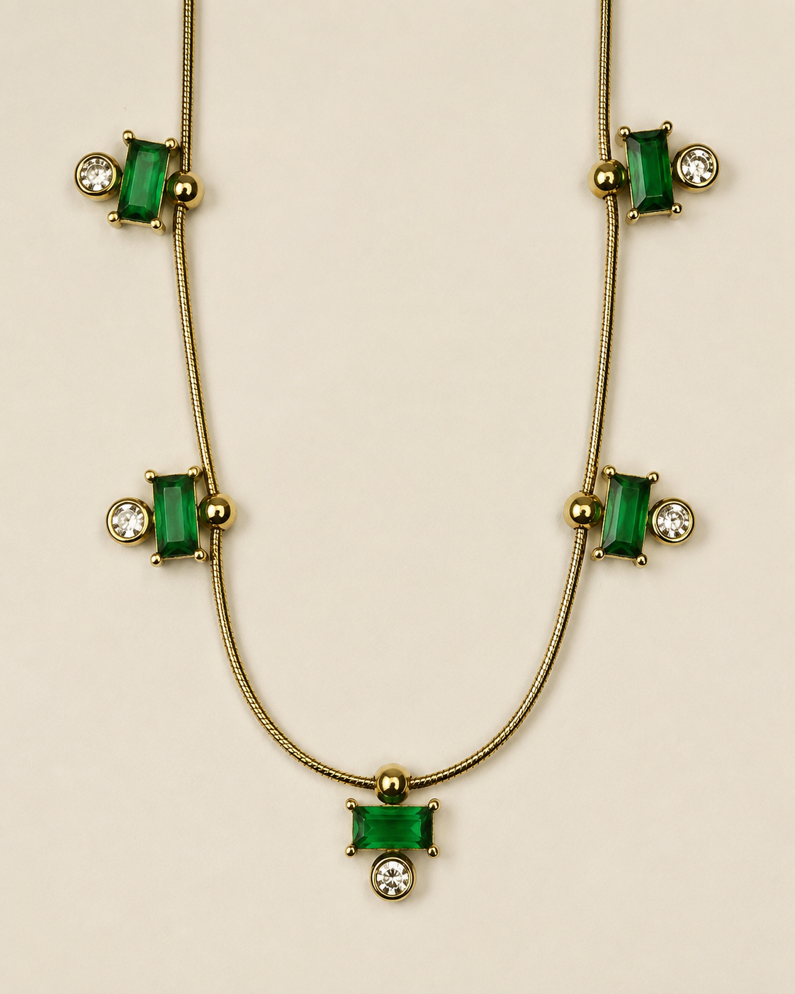 Gold Green Crystal and Pearl Drop Necklace