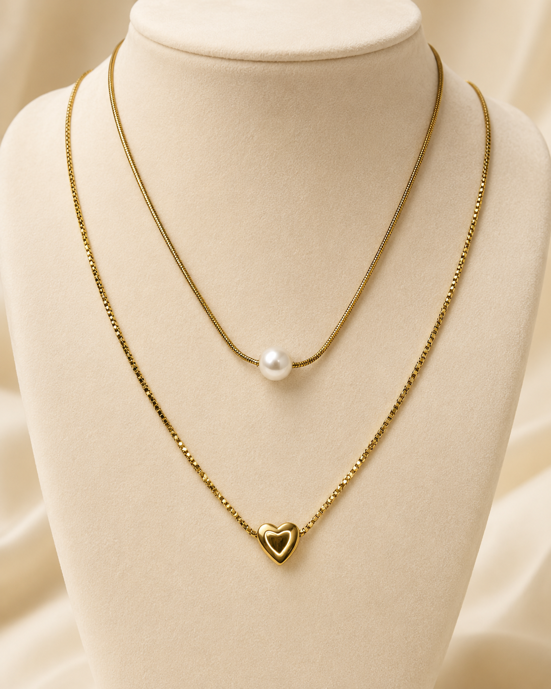 Gold Layered Pearl and Heart Necklace
