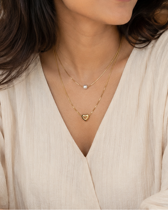Gold Layered Pearl and Heart Necklace