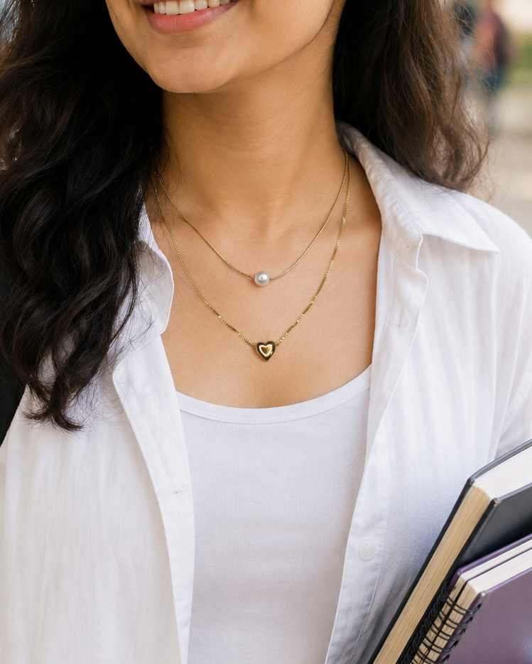 Gold Layered Pearl and Heart Necklace