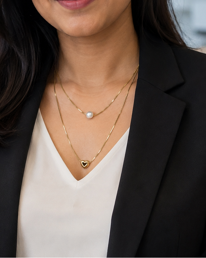 Gold Layered Pearl and Heart Necklace