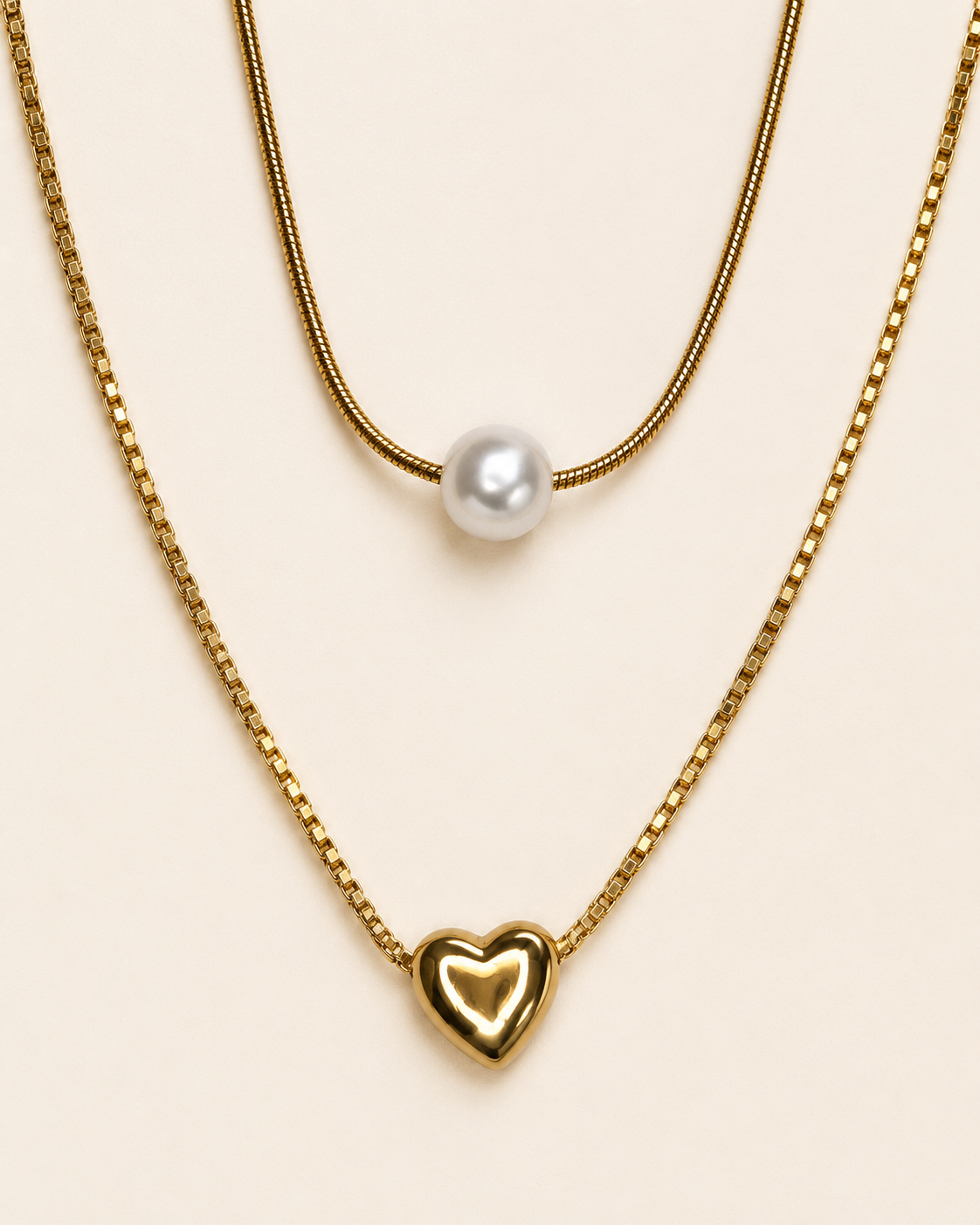 Gold Layered Pearl and Heart Necklace