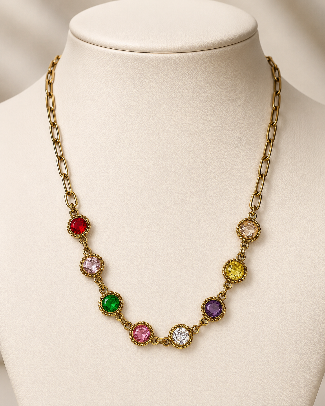 Gold Multicolor Crystal Chain Necklace