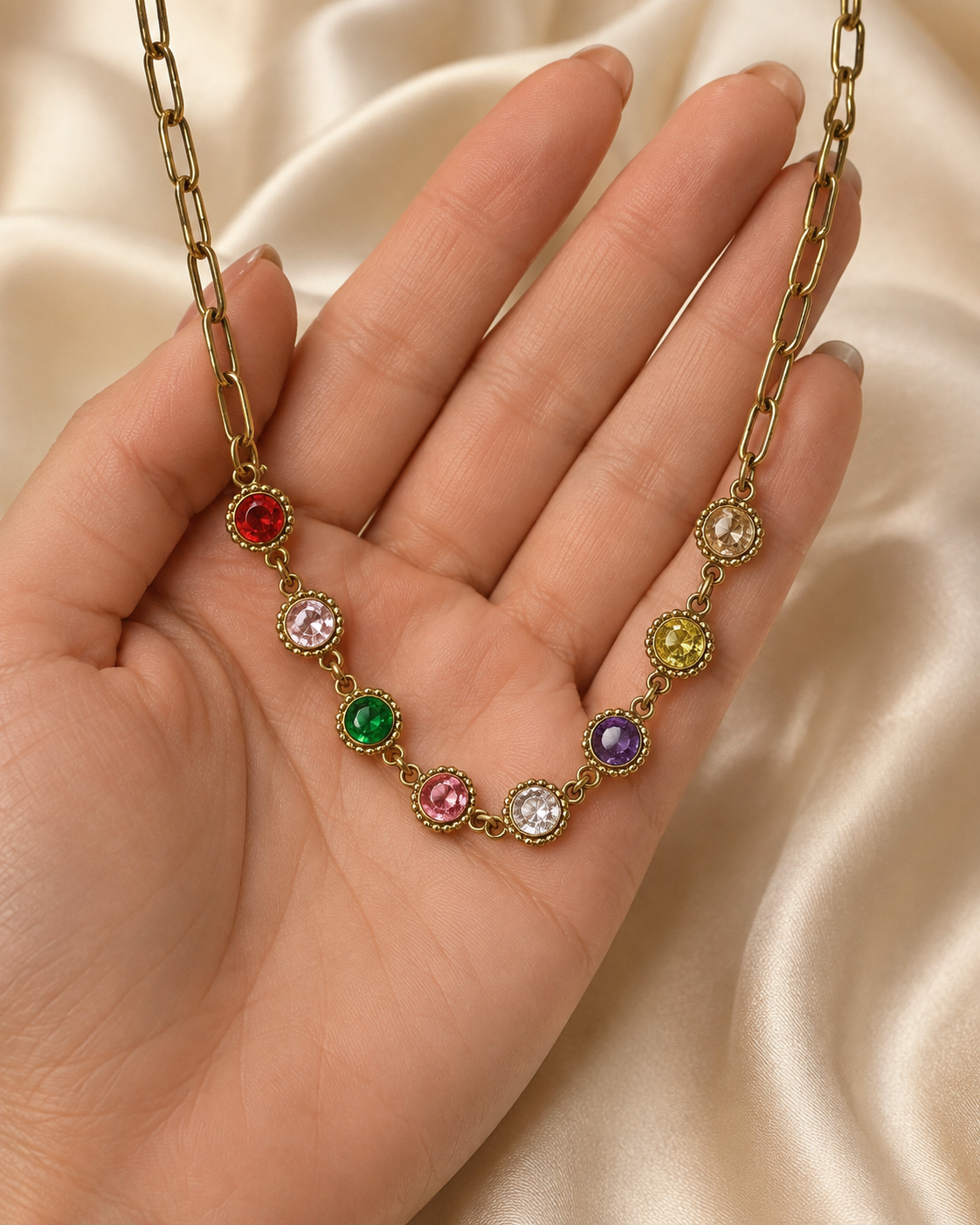 Gold Multicolor Crystal Chain Necklace