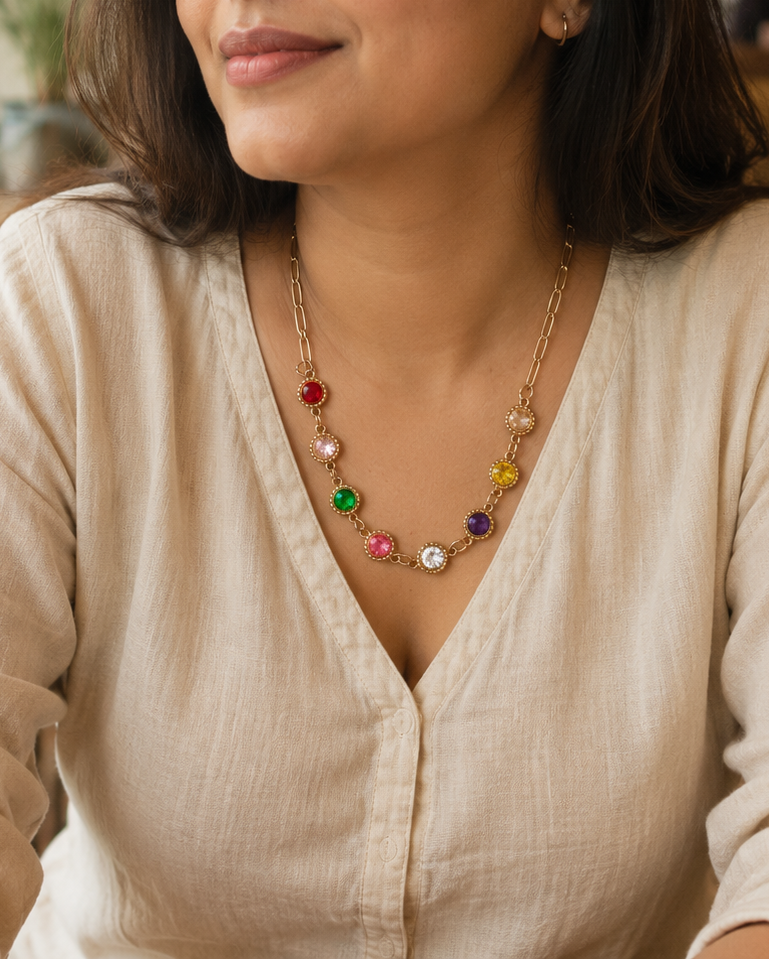 Gold Multicolor Crystal Chain Necklace