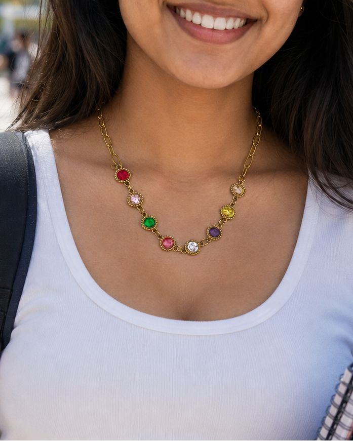 Gold Multicolor Crystal Chain Necklace