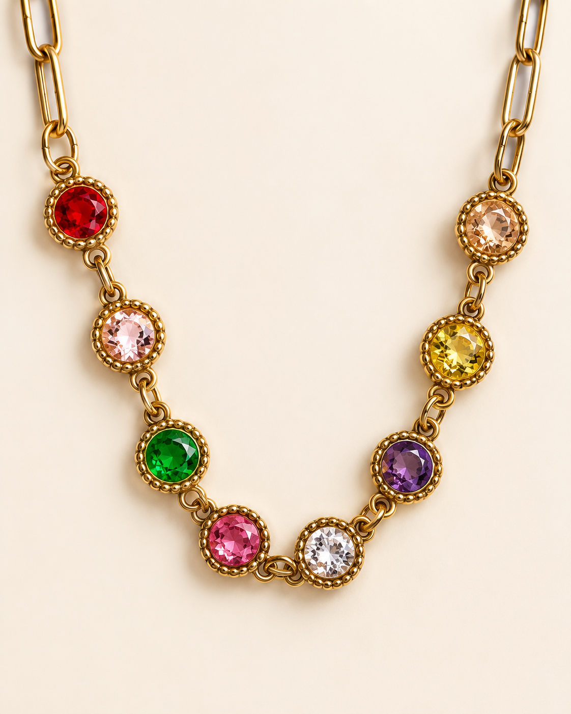Gold Multicolor Crystal Chain Necklace