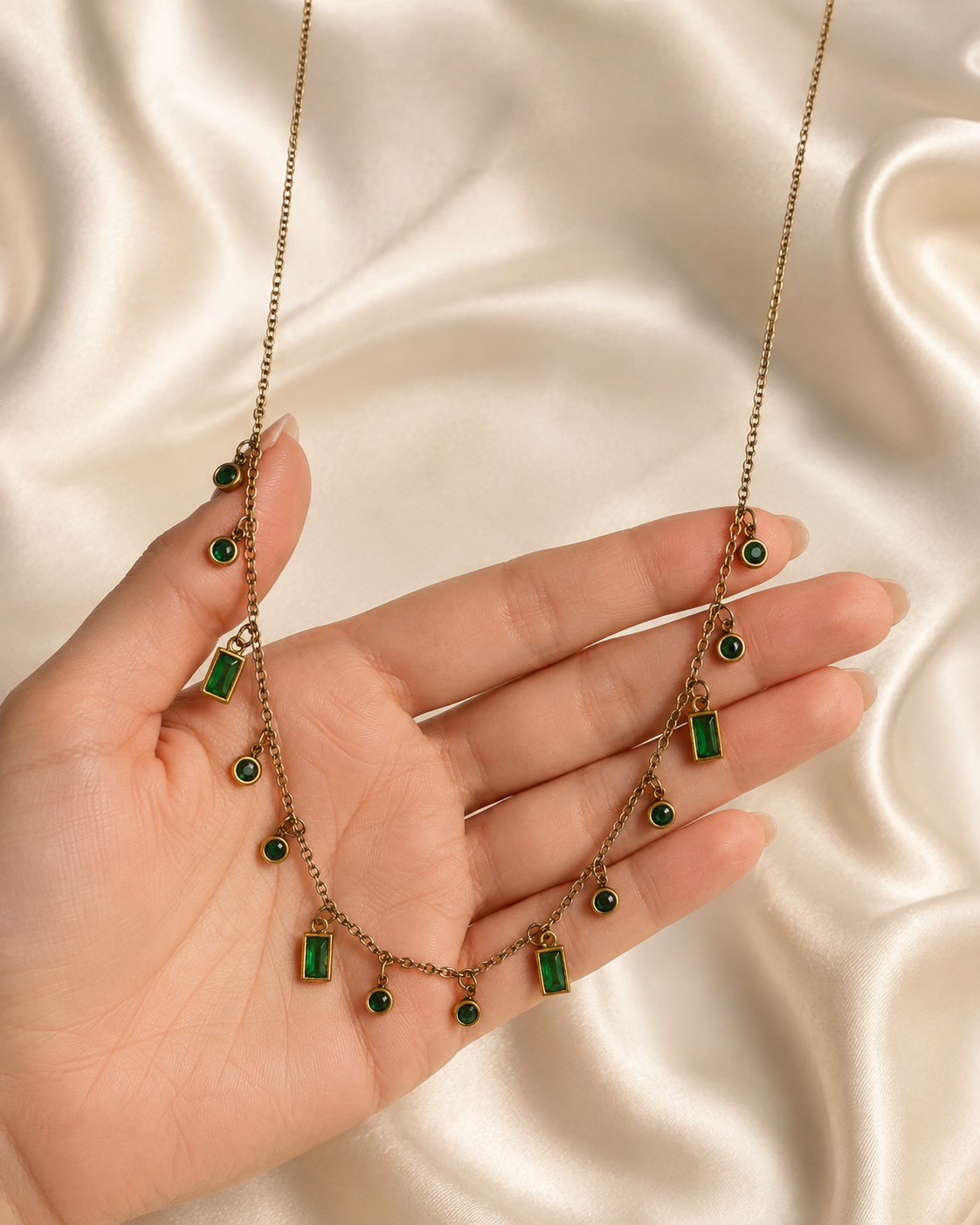 Gold Green Crystal Charm Necklace