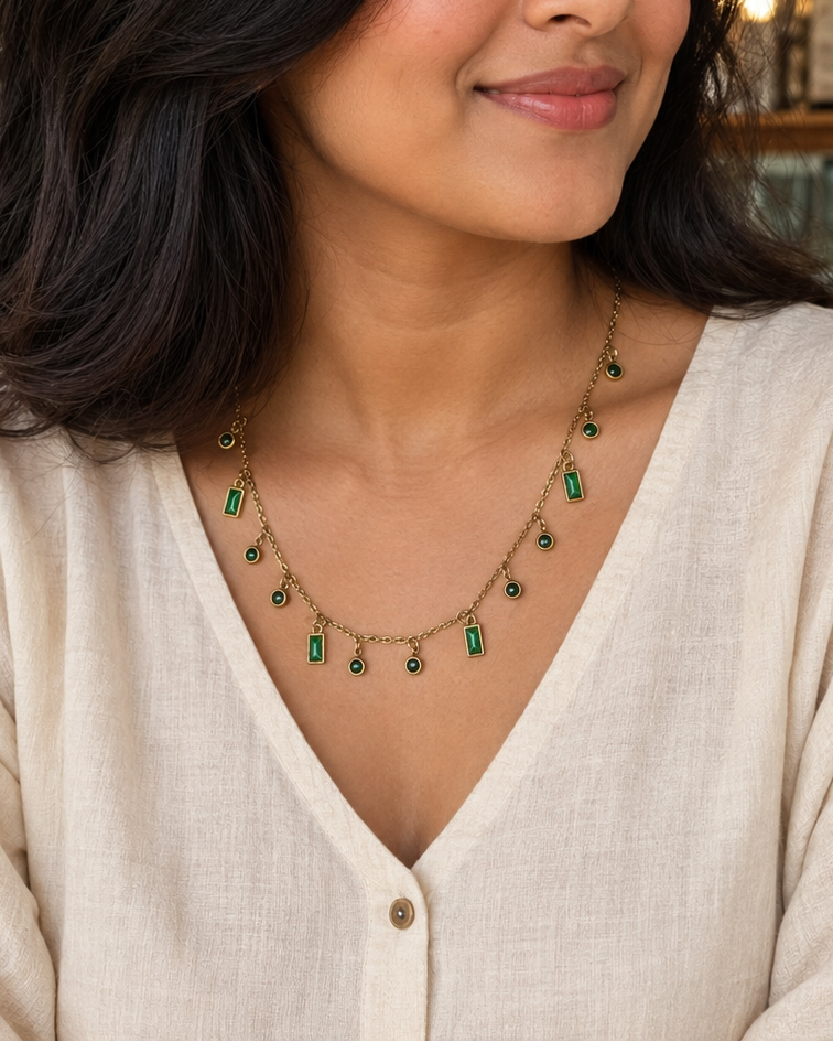 Gold Green Crystal Charm Necklace
