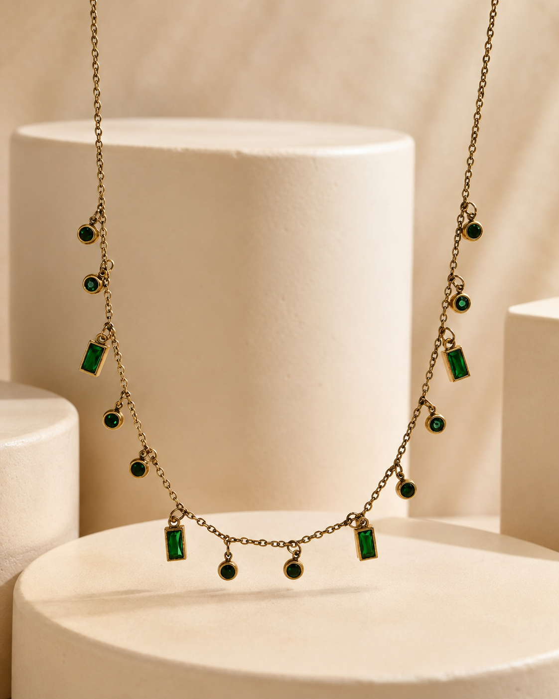 Gold Green Crystal Charm Necklace