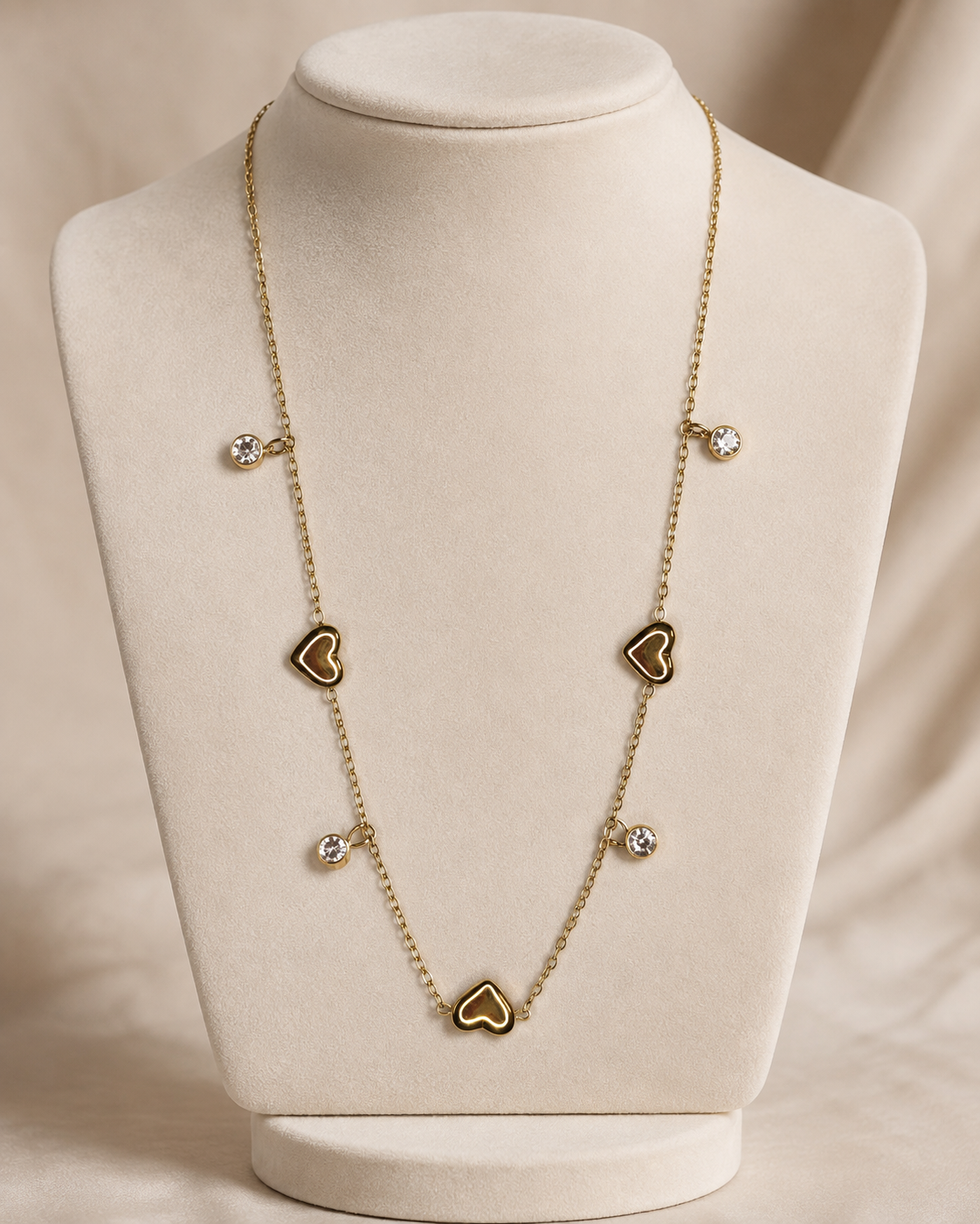 Gold Heart and Crystal Station Necklace
