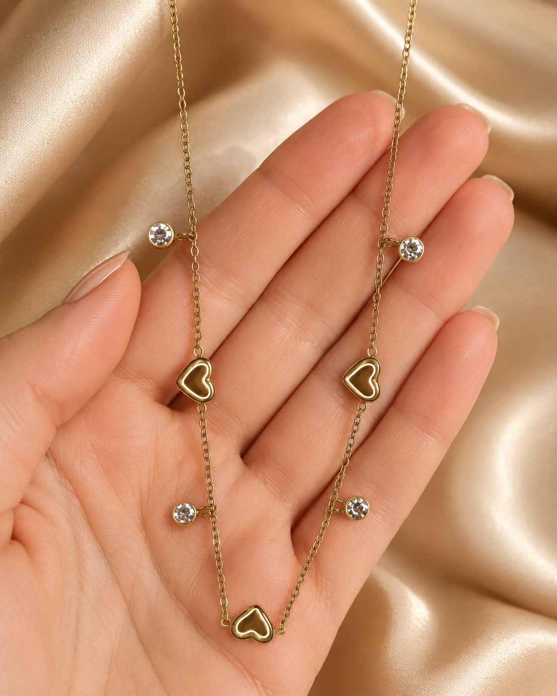 Gold Heart and Crystal Station Necklace