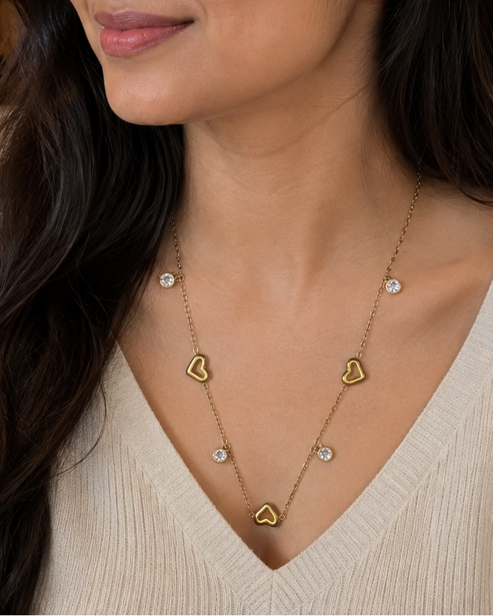 Gold Heart and Crystal Station Necklace