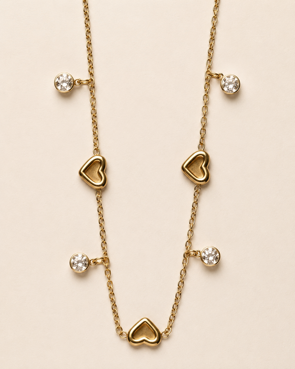 Gold Heart and Crystal Station Necklace