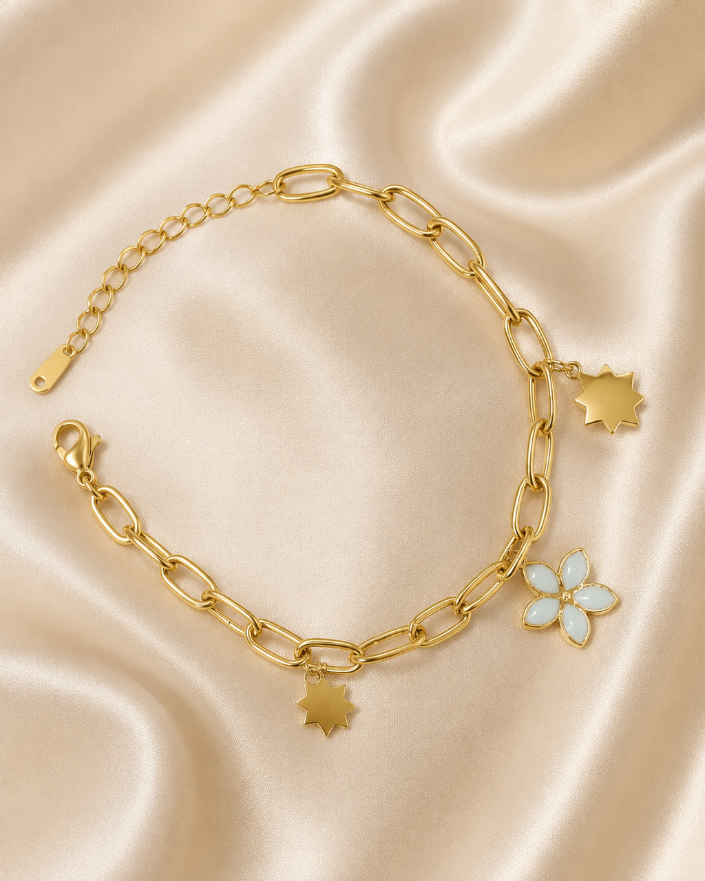Star & White Flower Charm Gold-Plated Bracelet
