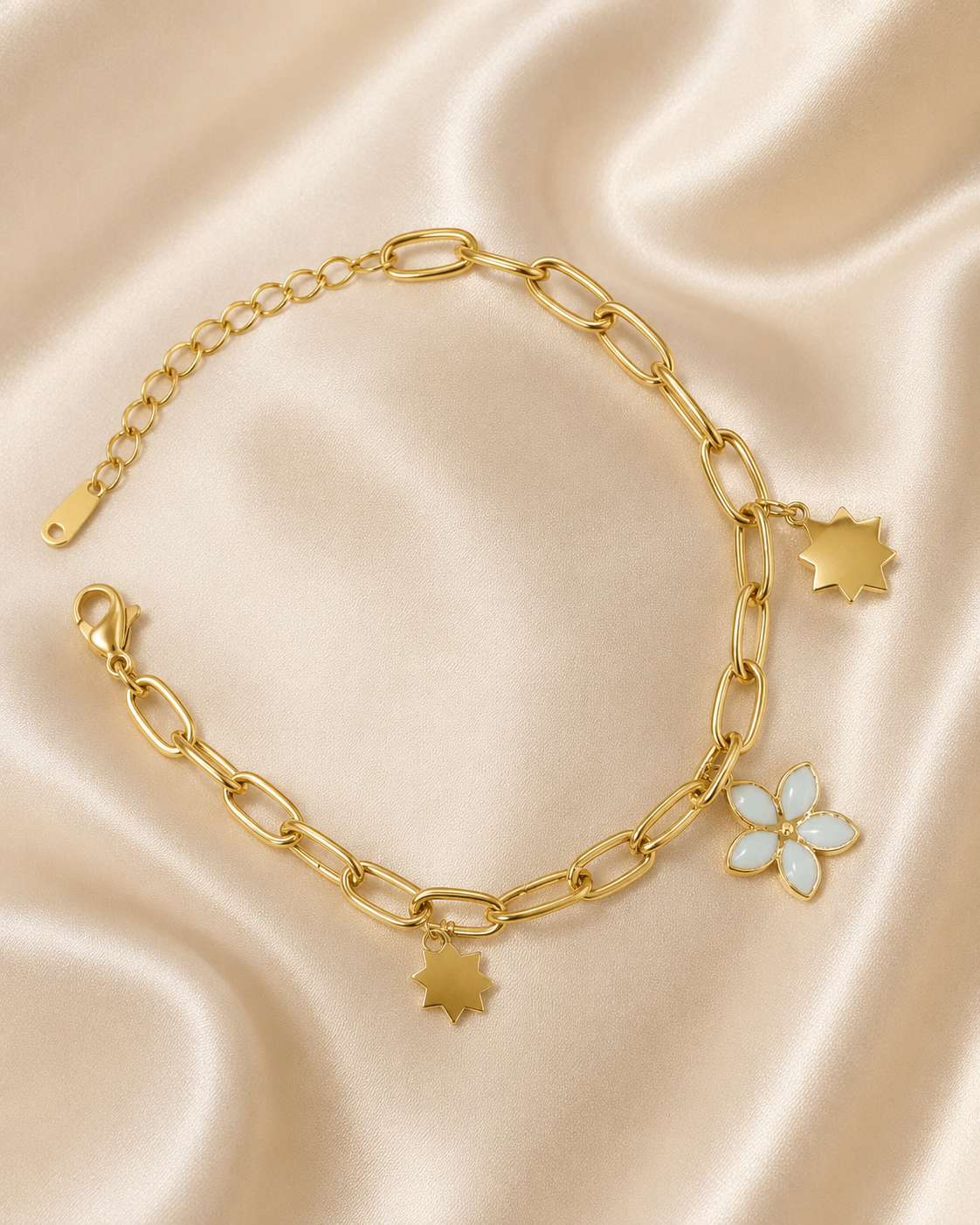 Star & White Flower Charm Gold-Plated Bracelet