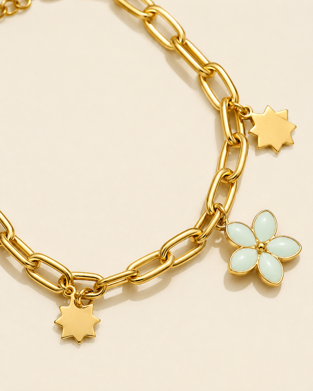 Star & White Flower Charm Gold-Plated Bracelet