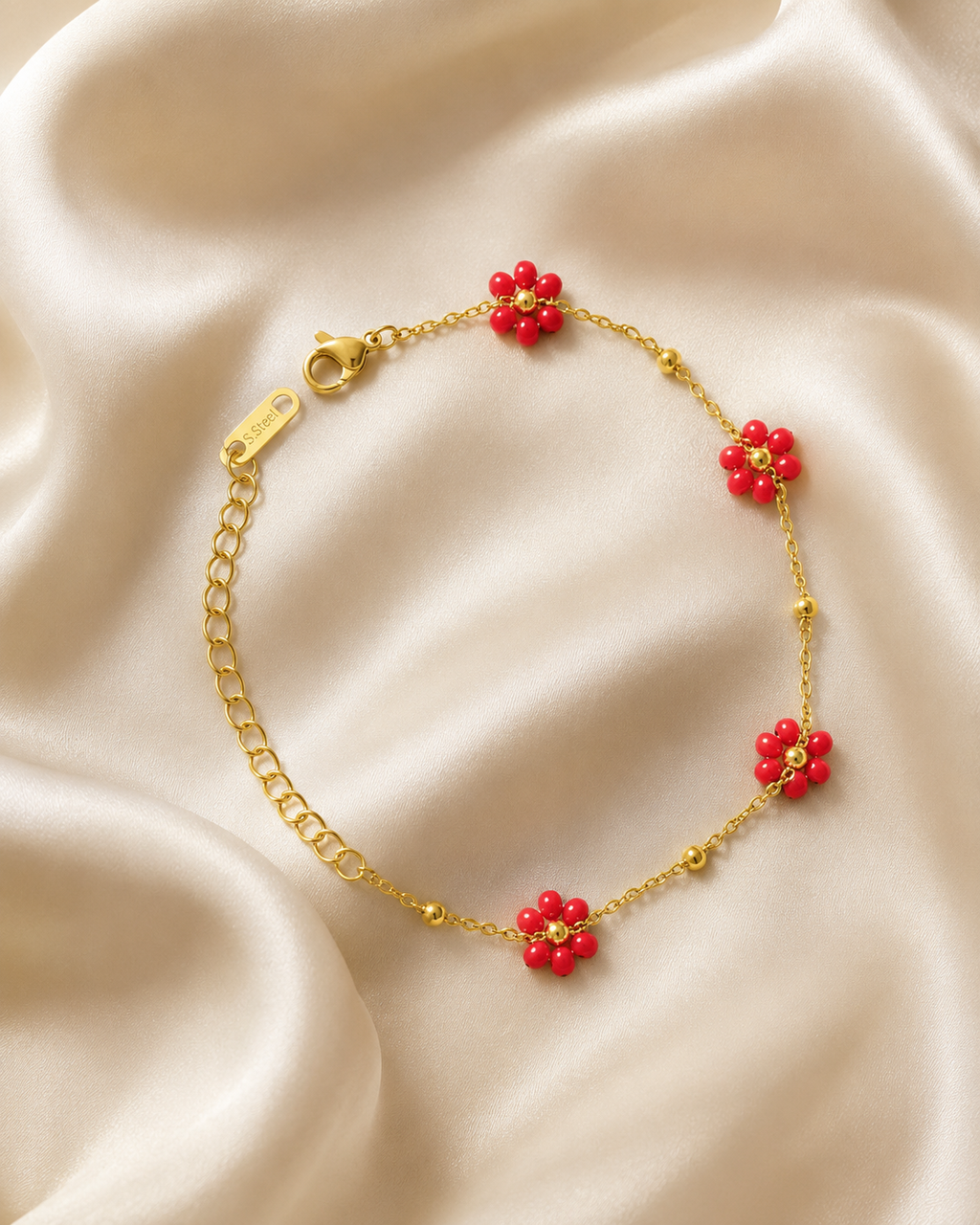 Red Floral Station Gold-Plated Bracelet